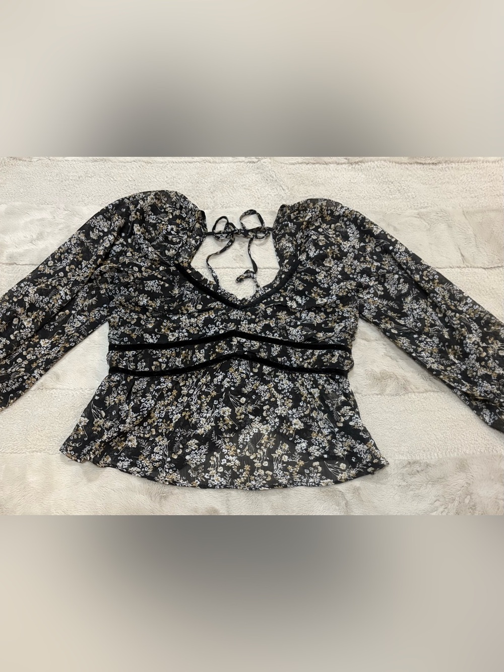 Promesa Strong Roots Floral Crepe Velvet Trim Peasant Top, Size XL